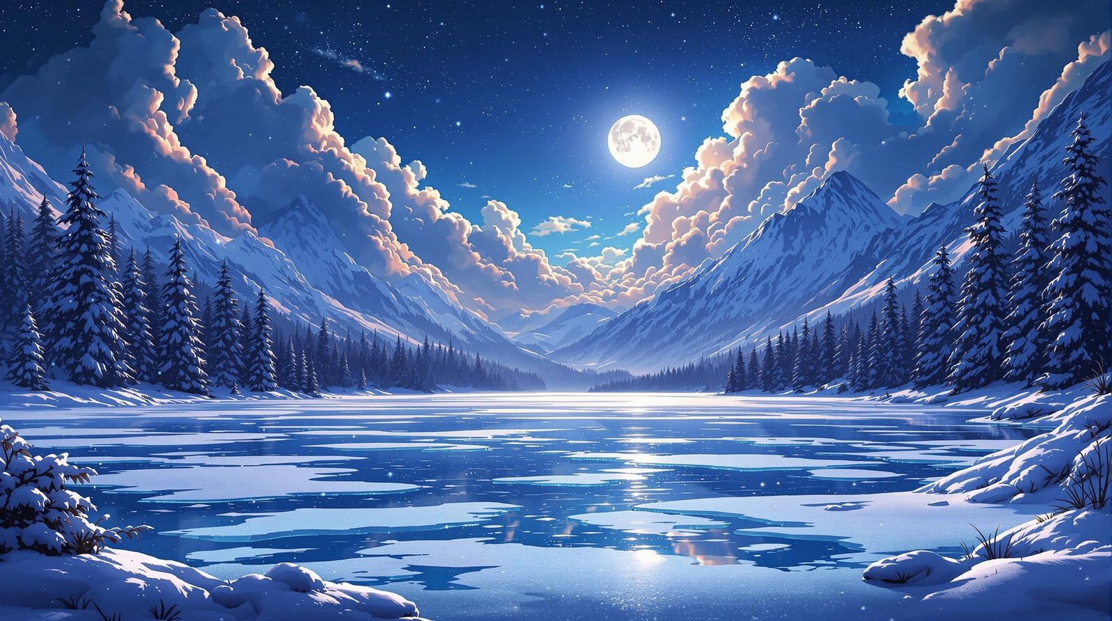 Winter Lake Under Moonlight in Anime Style