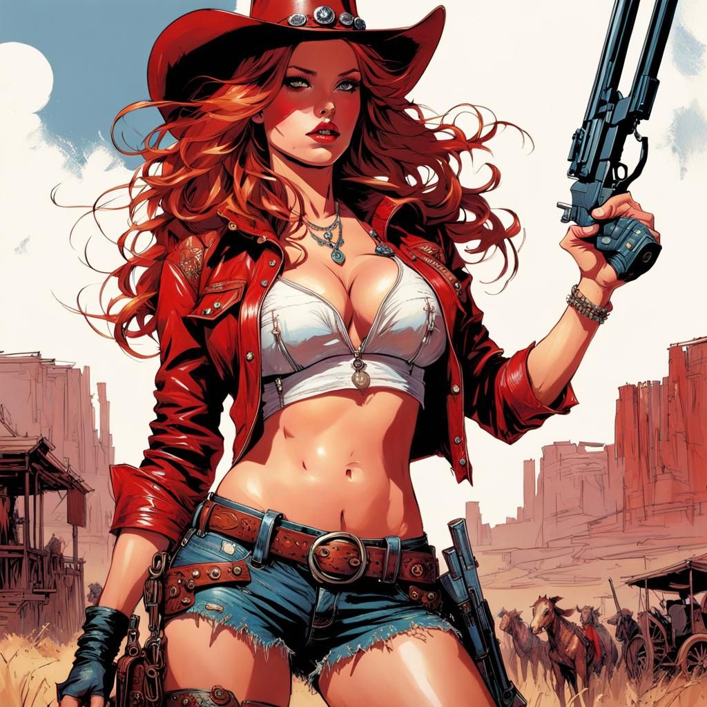 Curvy Cowgirl Gunslinger in Comic Book Style