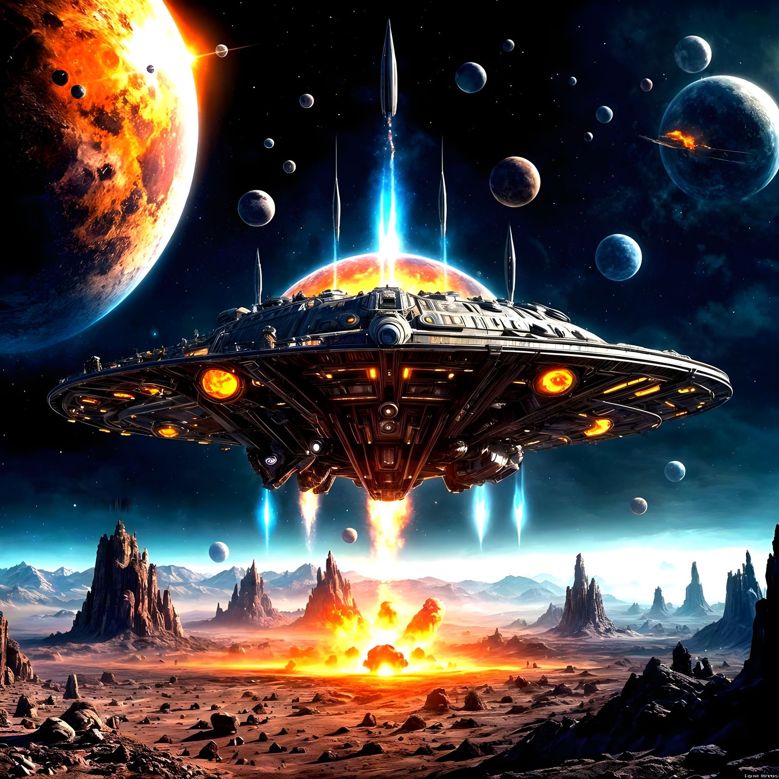 Galactic Conquest in a Fiery Nighttime Landscape