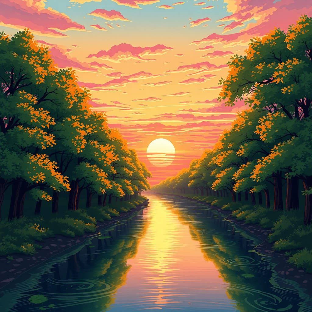 Sunset River in Manga Style, Anime Wallpaper