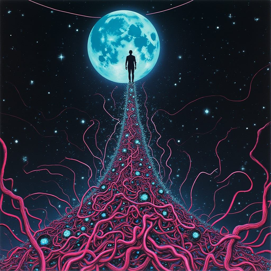 Cyberpunk Figure Ascends Neon Wires to Glitched Starscape