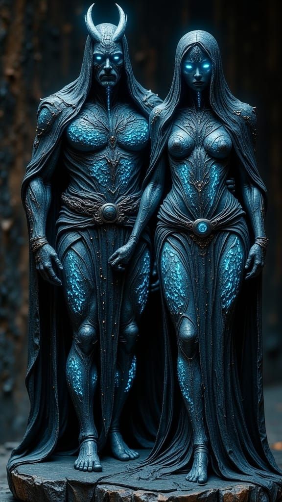 Adam and Eve 3D Sculpture with Bioluminescent Tattoos