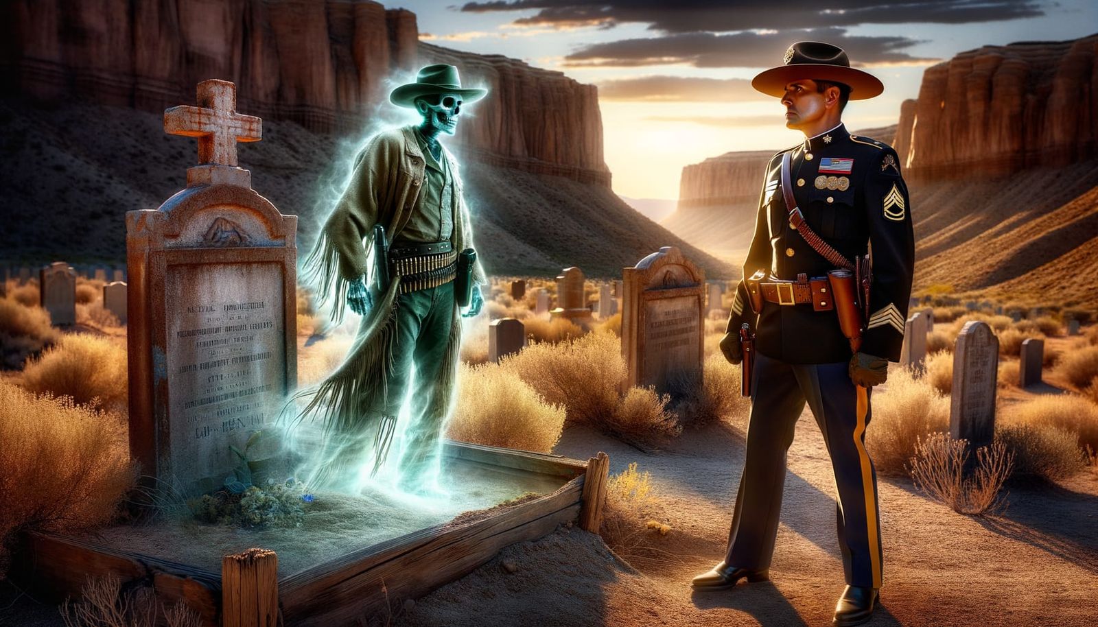 Ghostly Gunslinger Confronts Military Police in Desert