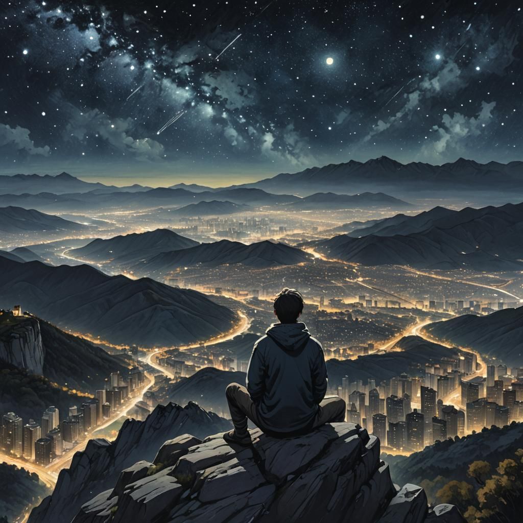 Man Watches City From Mountain Edge