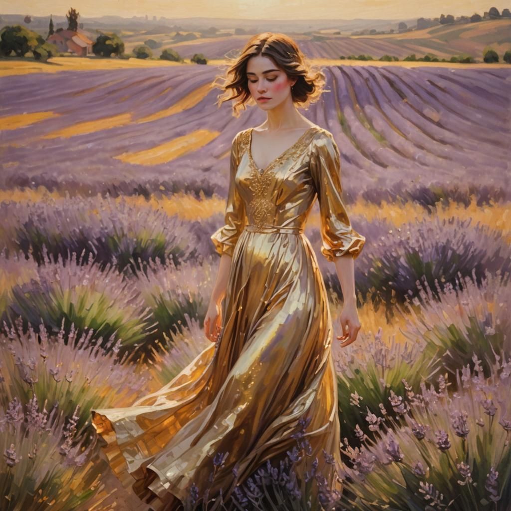 French Model in Golden Lavender Field, Impressionist Style