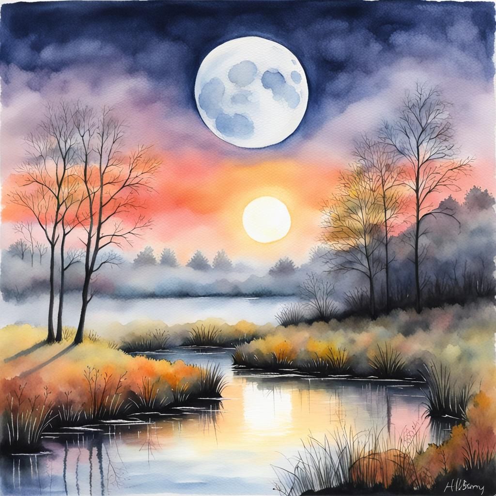 Full Moon Sunset Watercolour Autumn Pond Scene