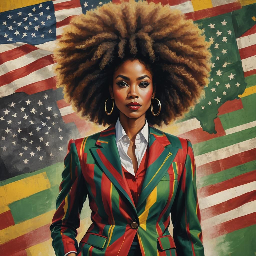 Striking Woman with Afro in Striped Suit