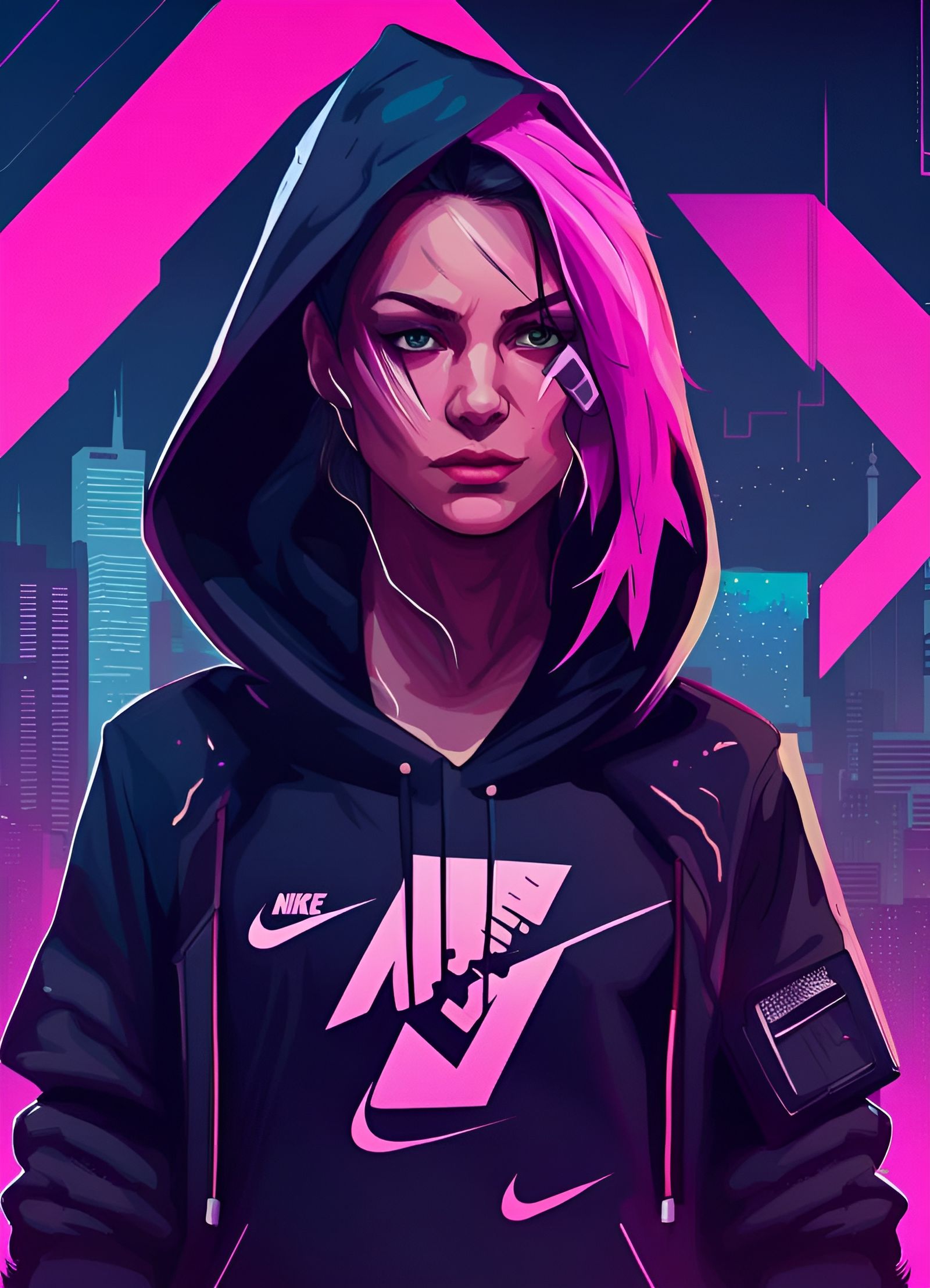 Woman with a cool black pink NIKE hoodie in a cyberpunk city 👾🧢🎧📱👕😎💕🌆