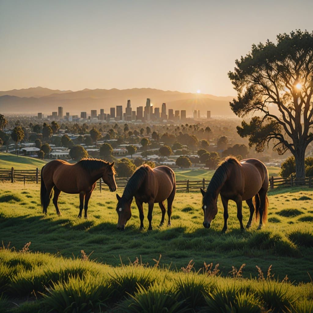 Epic 35mm Film Still of Horses in Golden Hour Los Angeles La...