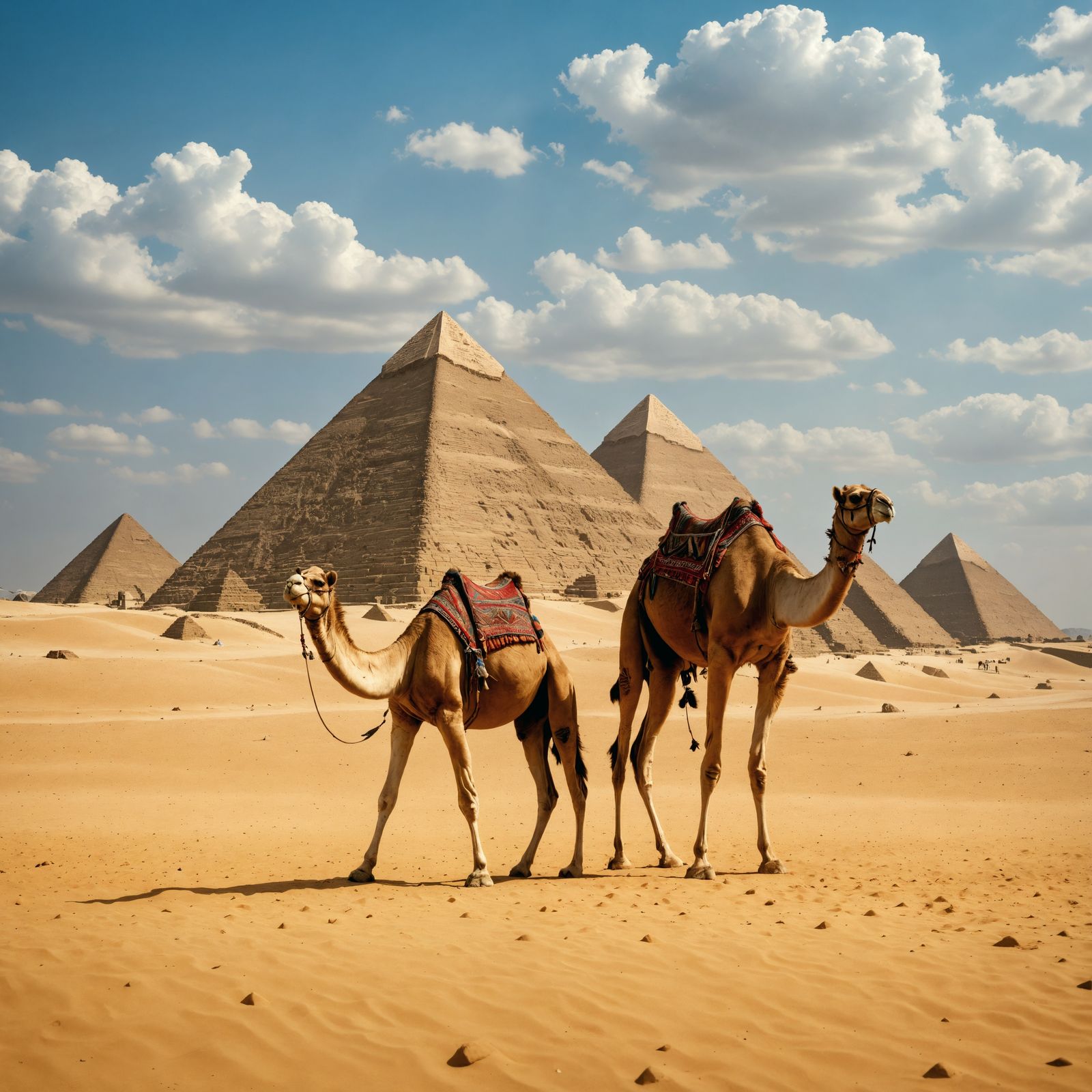Camels Stand Majestically in Front of Ancient Egyptian Pyram...