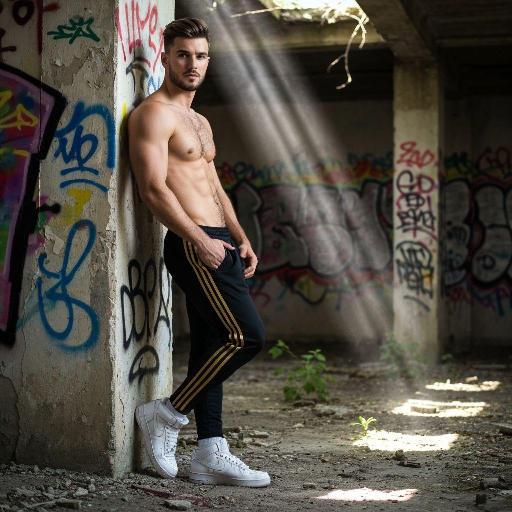 Man Poses in Abandoned Building with Graffiti