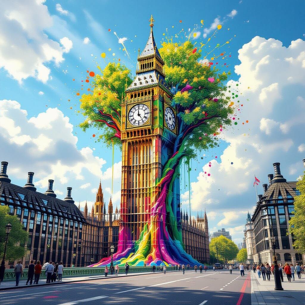 Big Ben Painted as a Tree: Hyperrealistic Splash Art