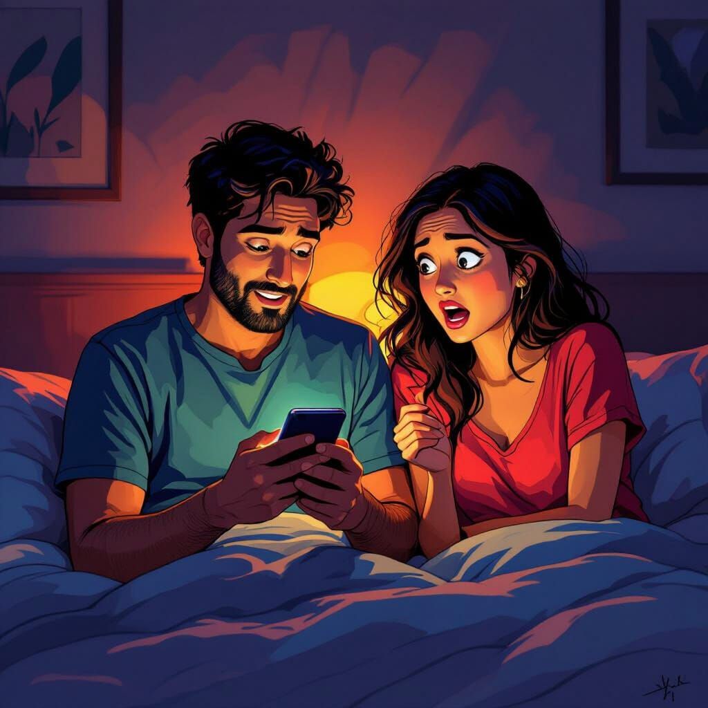 Humorous Indian Couple Wake Up in Cartoon Style