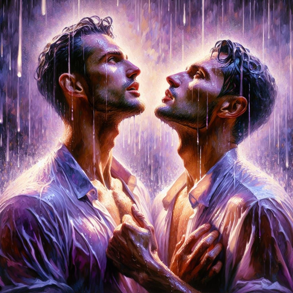 Passionate Lovers Embrace in Rainy Oil Painting