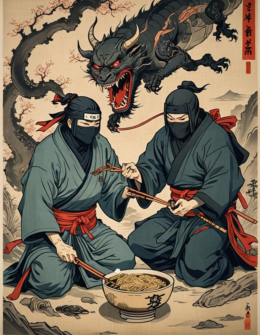 Ninja and Devil Friend Enjoy Noodles in Ukiyo-e Style
