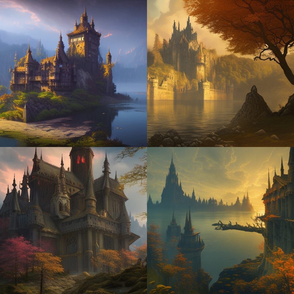 High Gothic Keep in Sakura Forest, Dark Fantasy Art