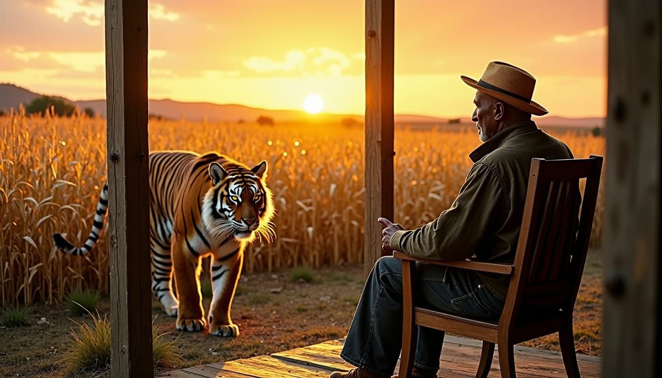 Old Man on Porch Watches Tiger Emerge from Cornfield