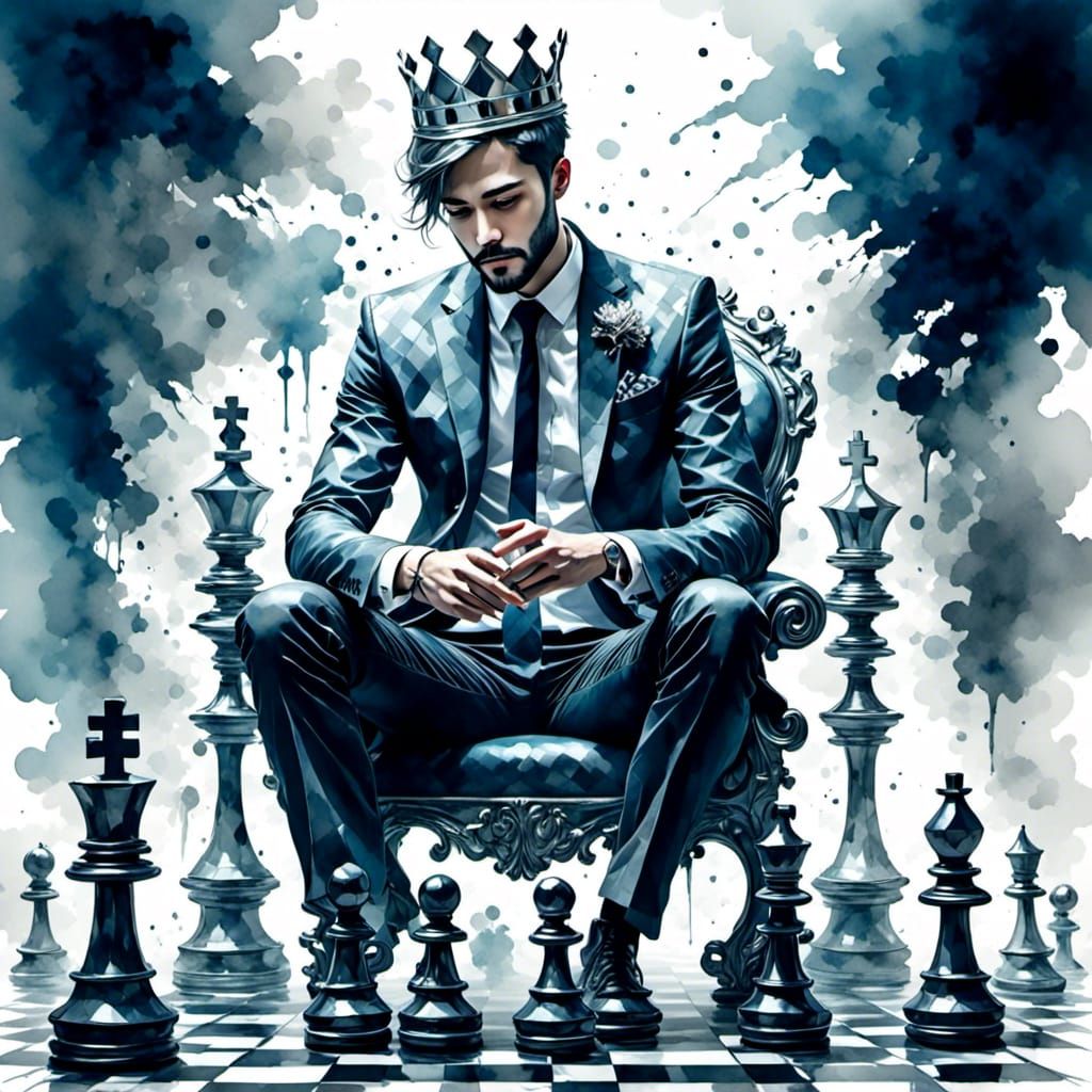 Glass and Silver Chess King in Watercolor Style