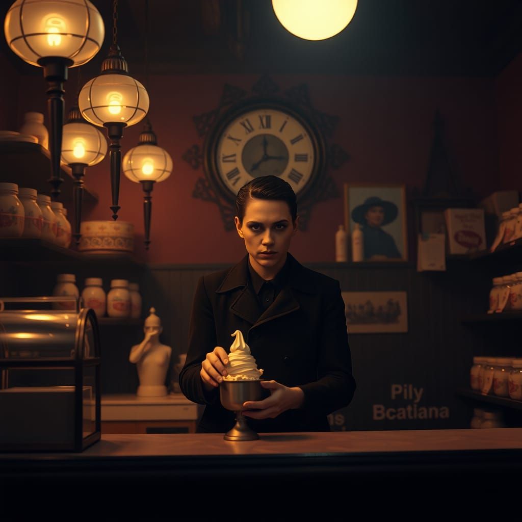 Gothic Ice Cream Parlor in Film Noir Style