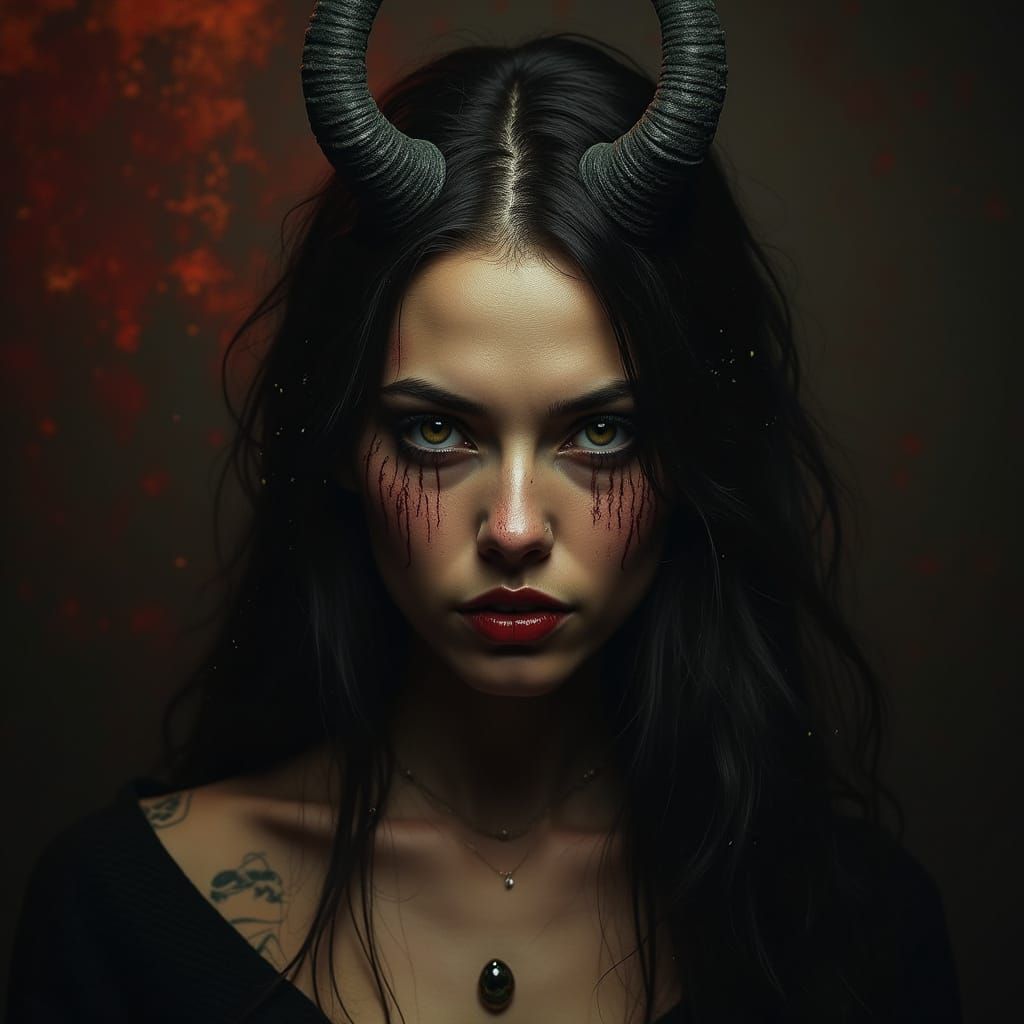 Ethereal Woman Half Devil Portrait in Dark Fantasy Style
