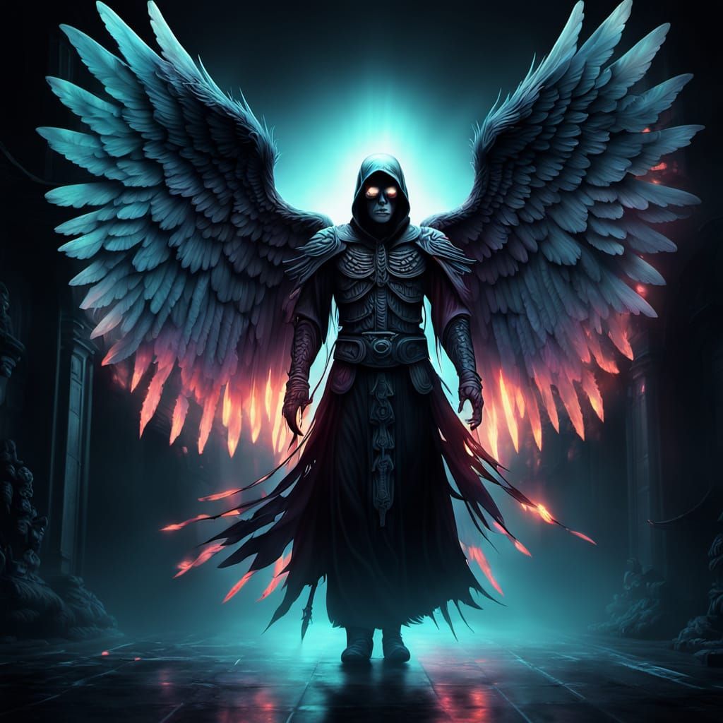 Surreal Angel of Death in Neon Wings