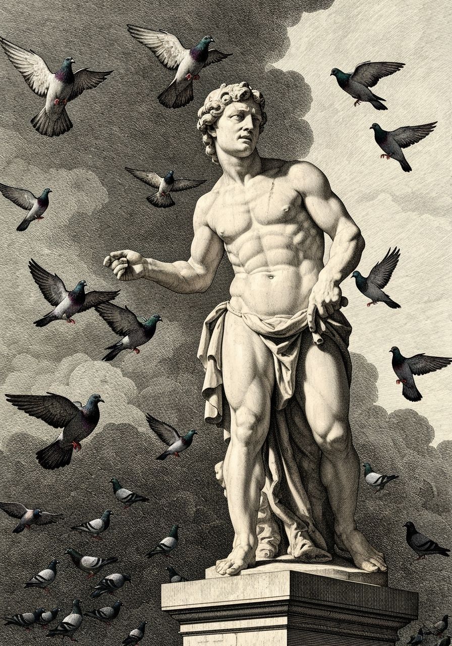 Marble Statue Scowling at Swarming Pigeons