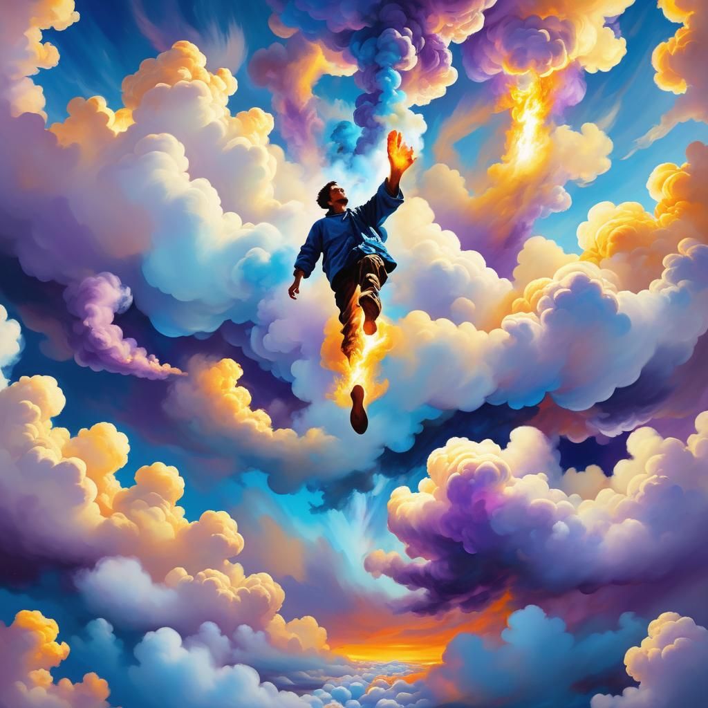 Surreal Person Floats Above Blue Fire as Oil Painting