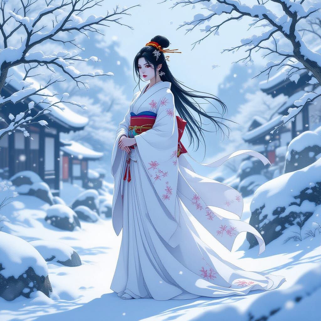 Yuki-onna in Snowy Japanese Landscape