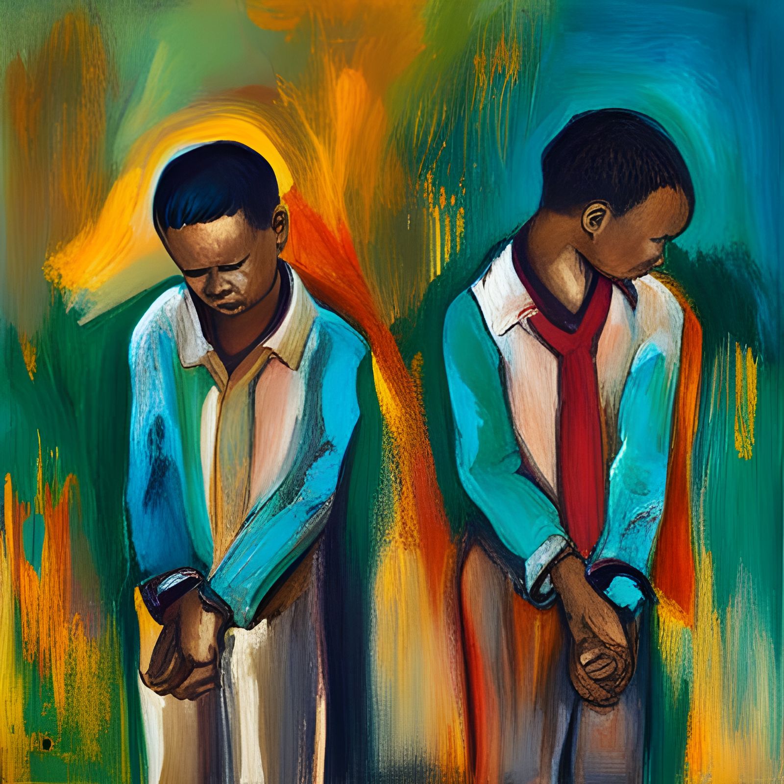 Emotional Abstract Art: Boys Holding Hands and Crying