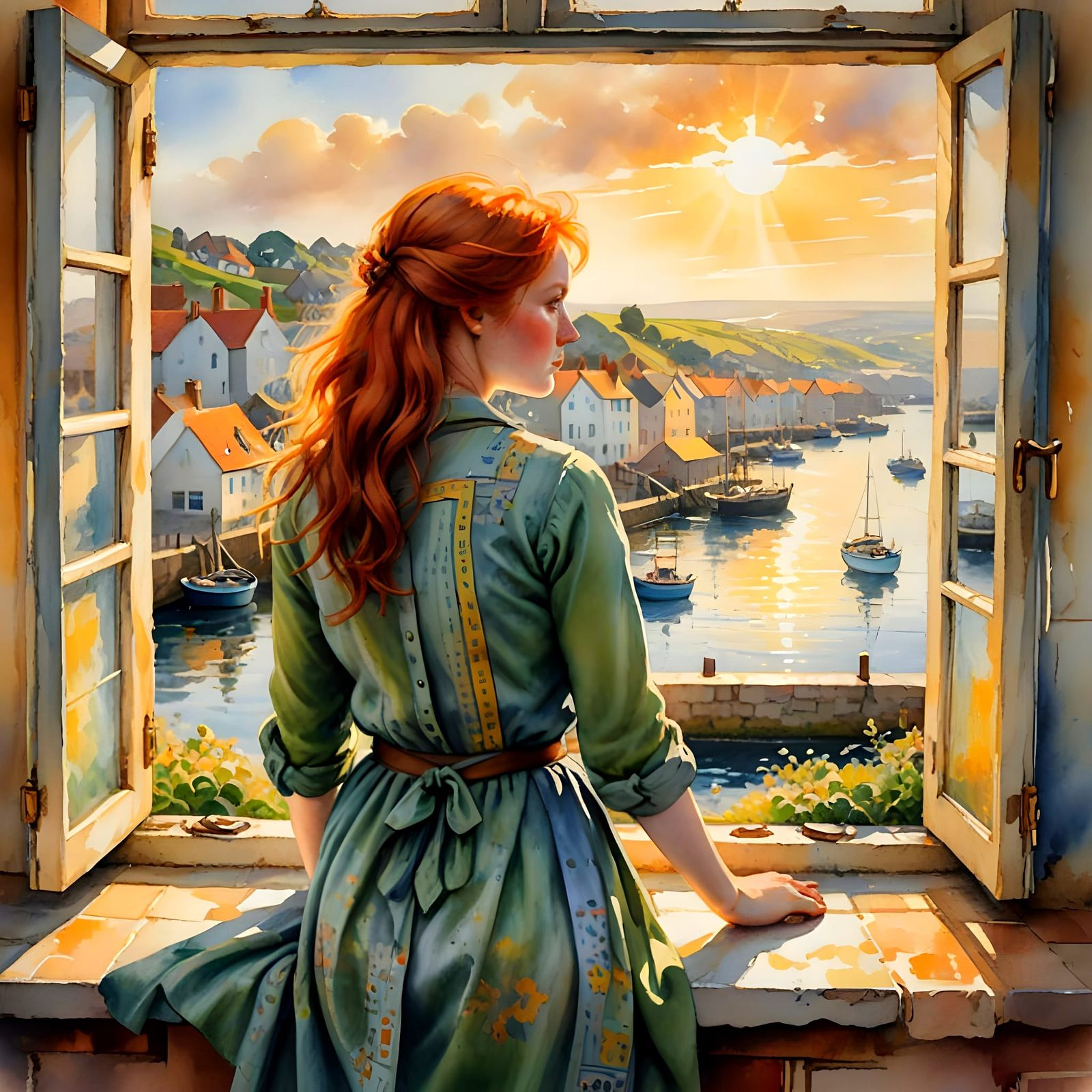 Redhead Gazes at Irish Harbor View