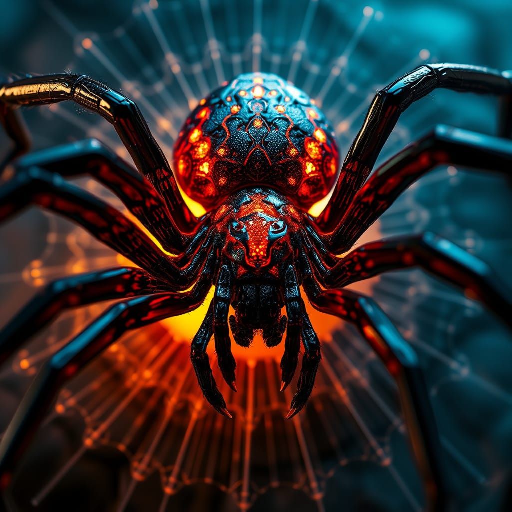 Glowing Black Widow Spider in Hyper-Realistic Digital Painti...
