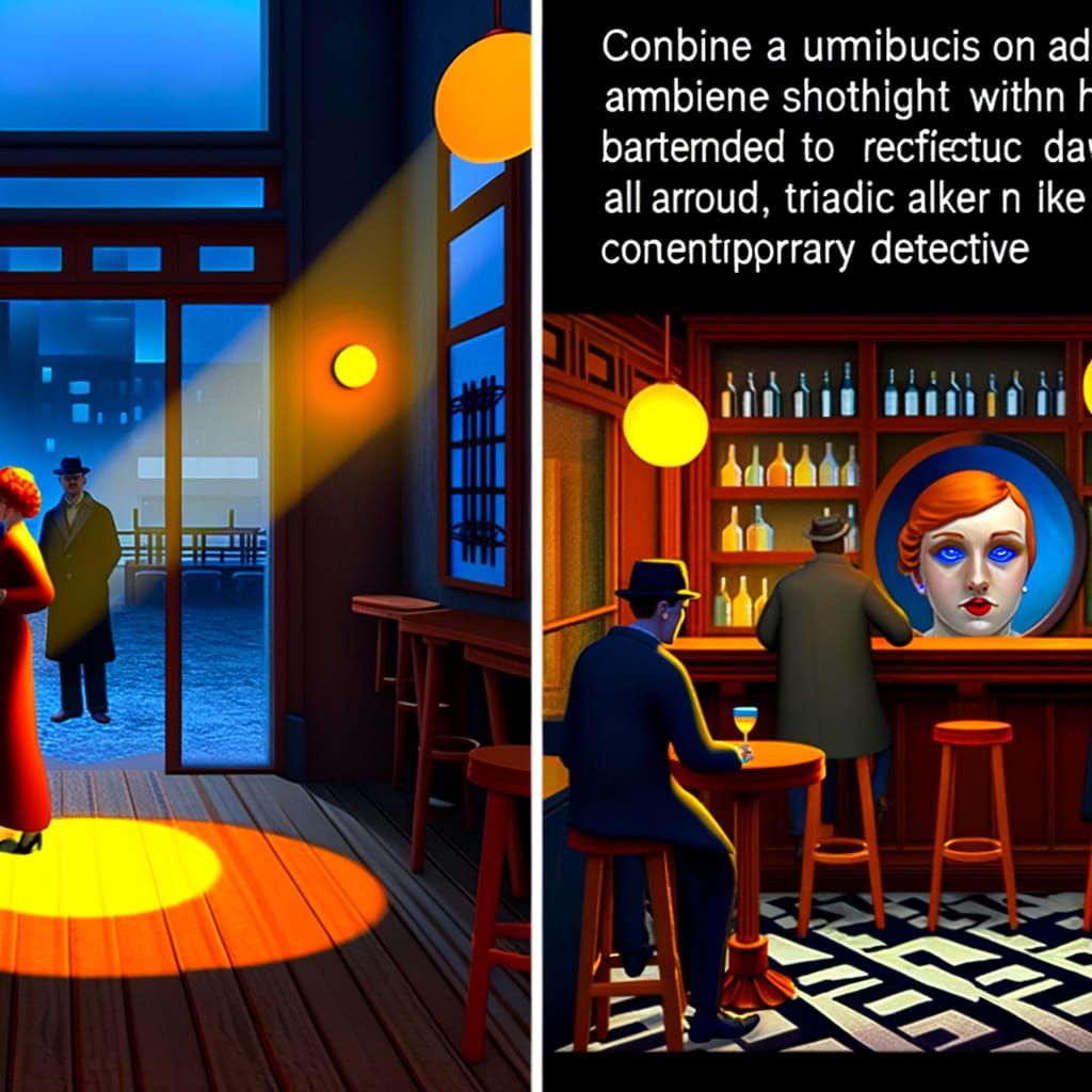 Redhead Dancer in Empty Bar with Detective, Art Nouveau Styl...