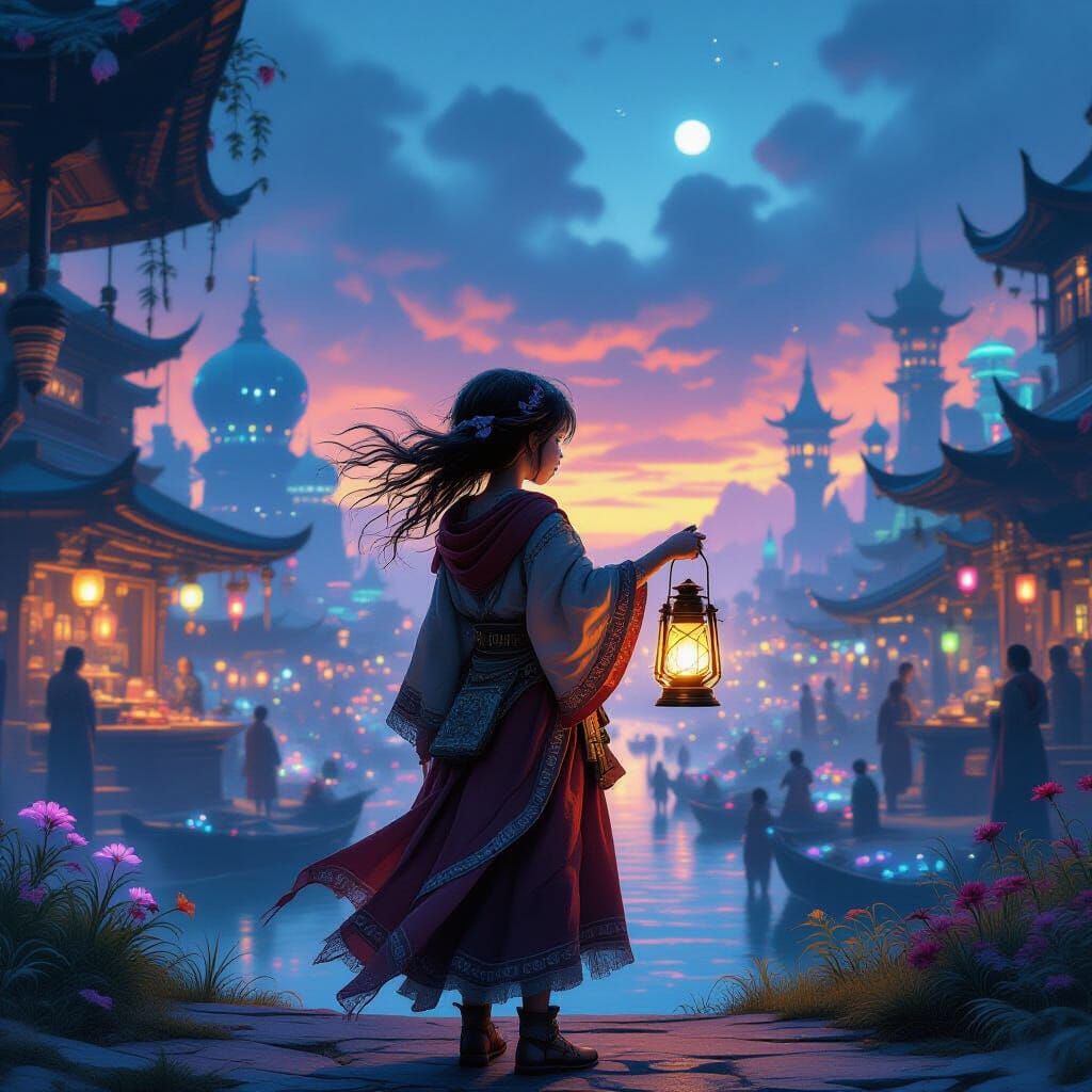 Alien Marketplace Dreamscape with Glowing Lantern