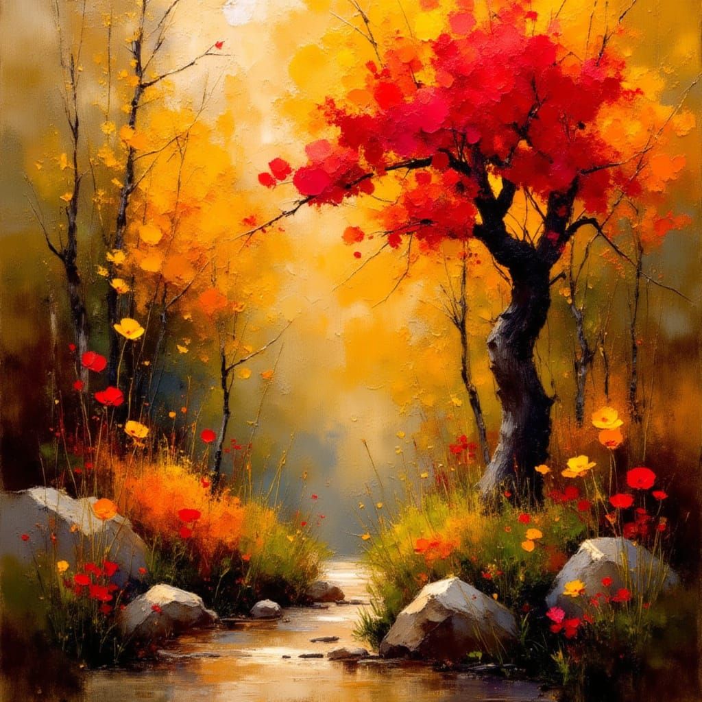 Surreal Goddess of Autumn in Vibrant Gold and Crimson