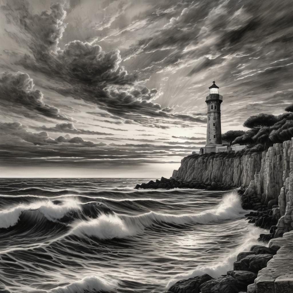 Cyberpunk-Style Lighthouse at Sunset