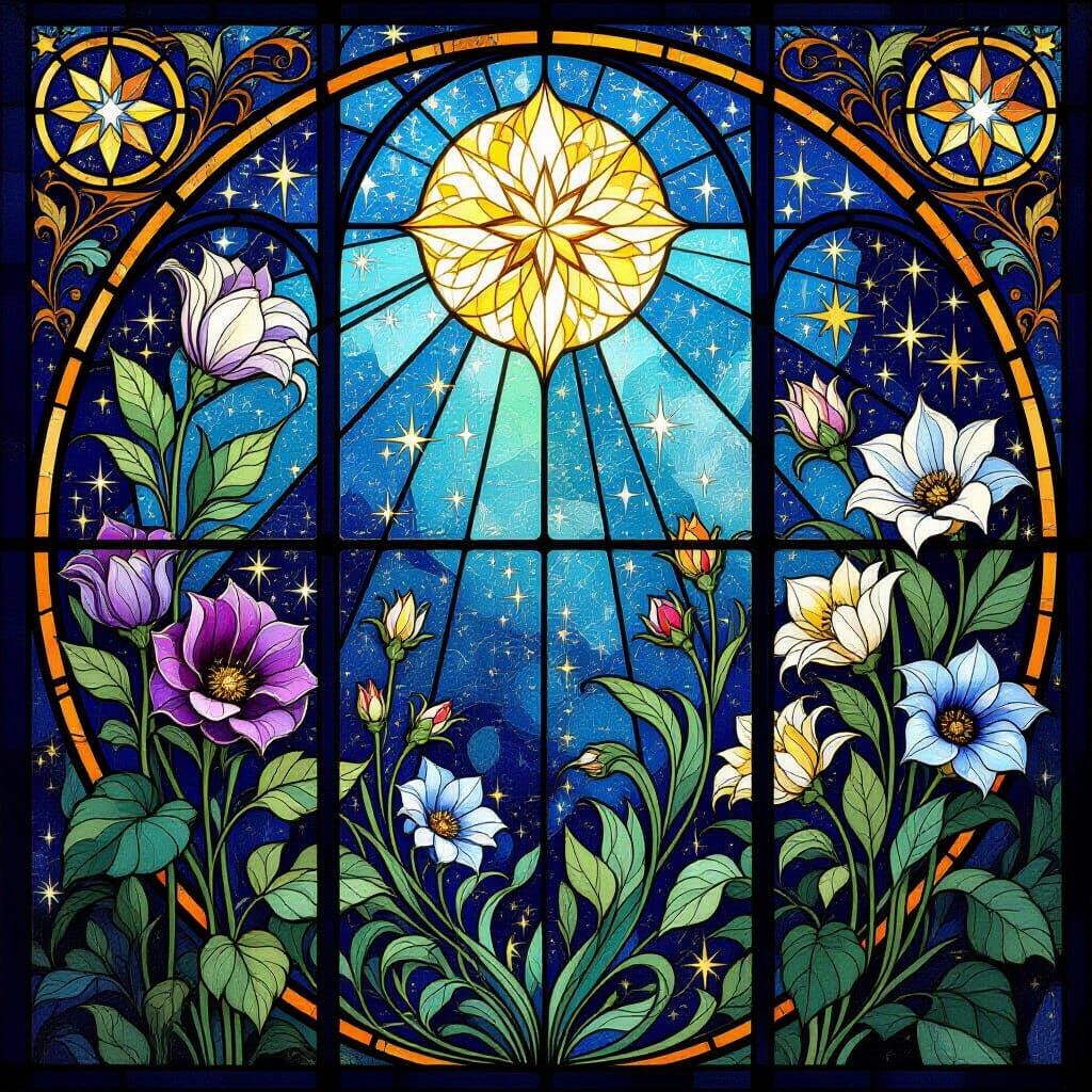 Celestial Garden: Stained Glass Art Nouveau Rendering