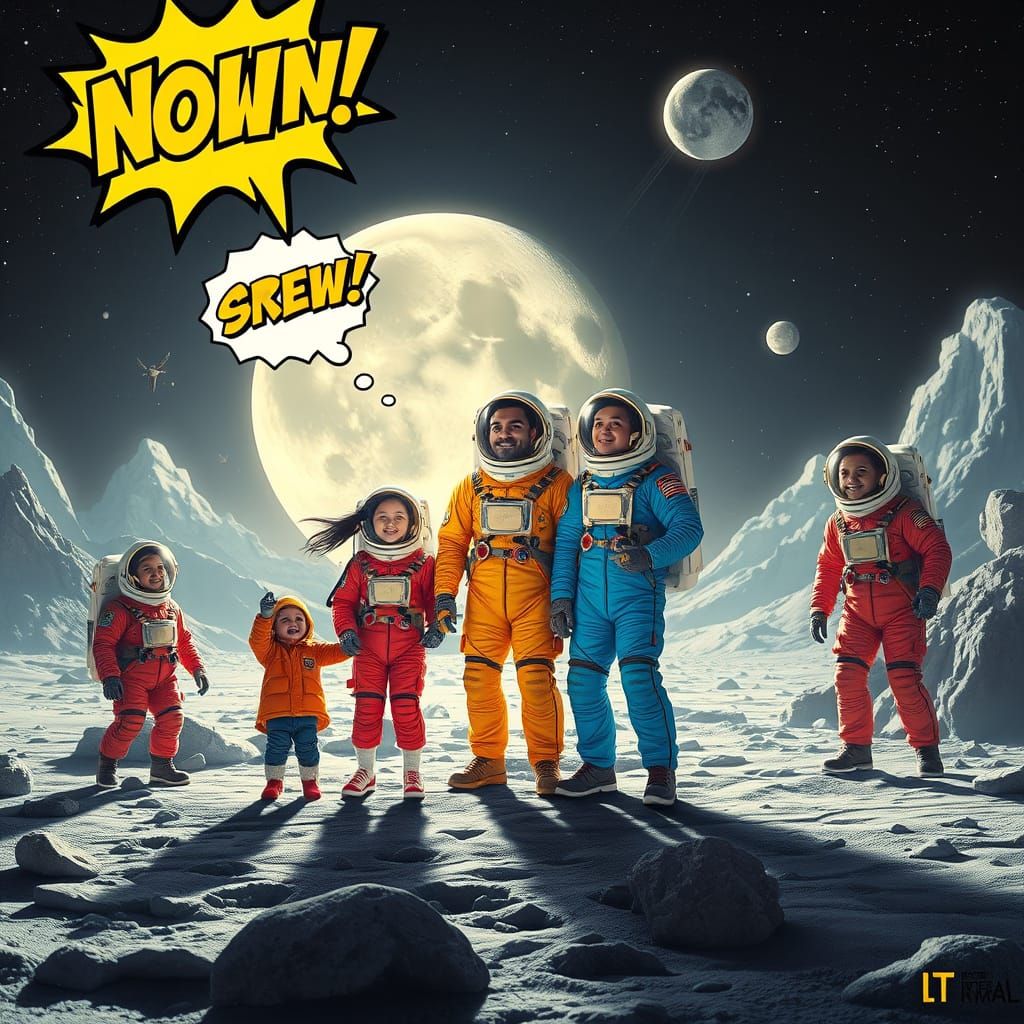 Astronaut Family on the Moon in Comic Book Style