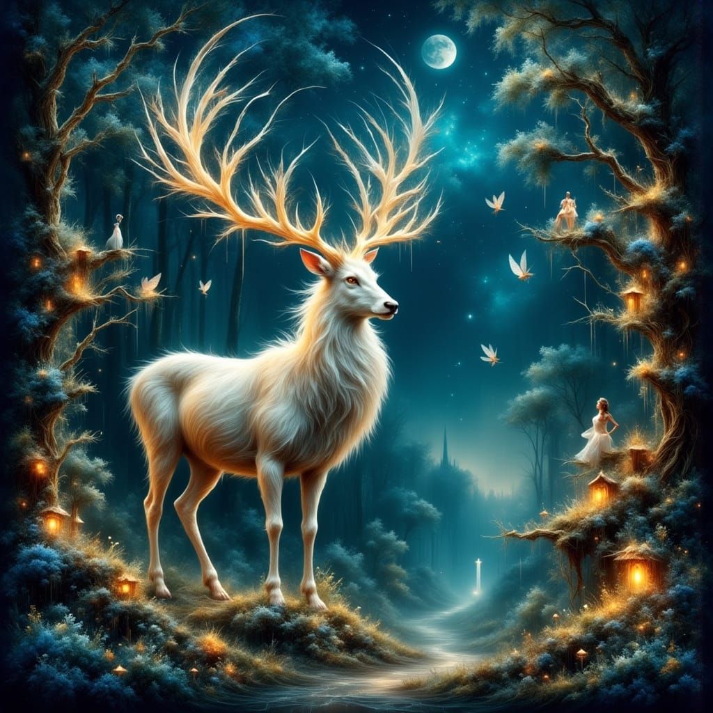 Enchanted Forest: Majestic Stag and Fairy Village