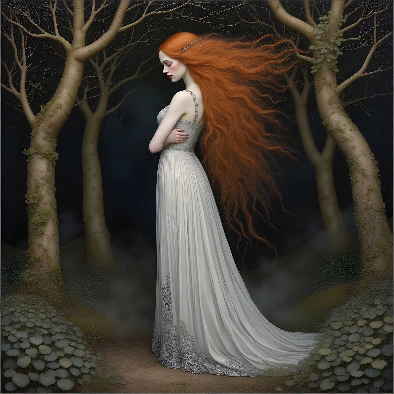 Enchantress in Ethereal Grove, Pre-Raphaelite Style