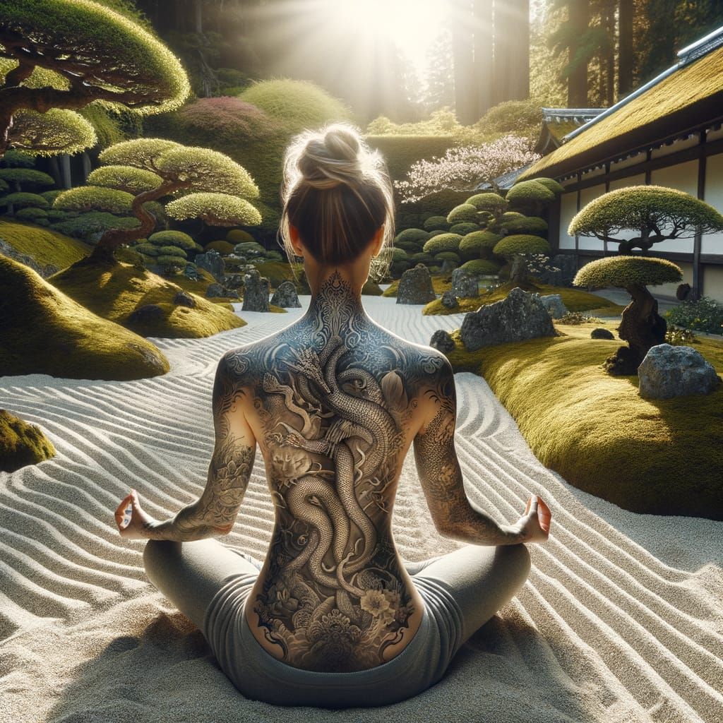 Meditating Woman with Japanese Tattoos in Zen Garden