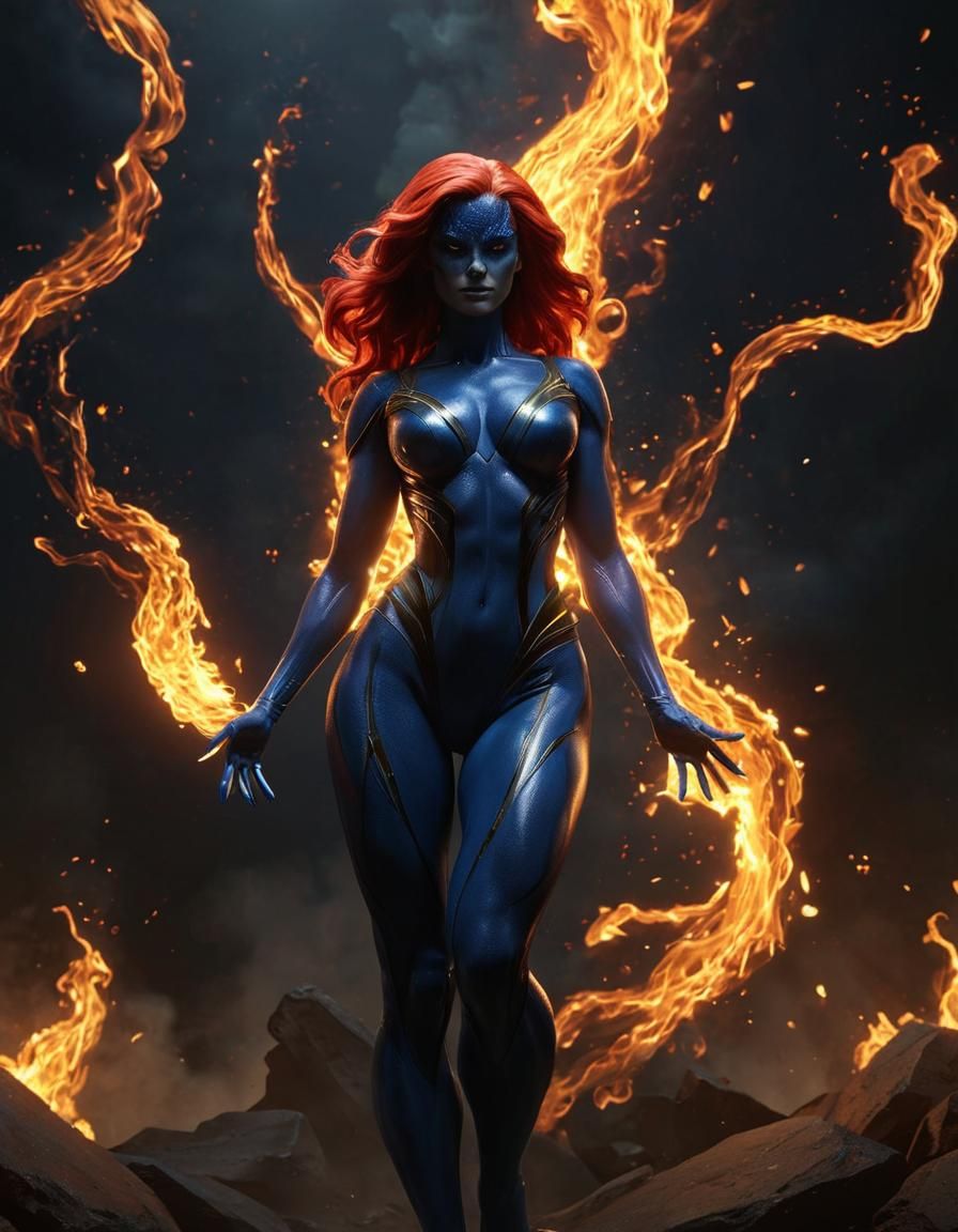 Mystique Rises from Fiery Shadows in 3D Animation