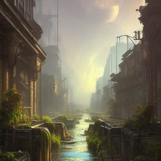 Detailed Post-Apocalyptic City with Rivers, Fantasy Art