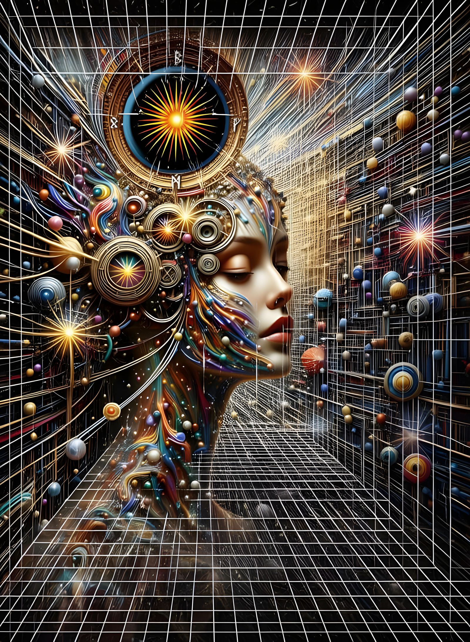 Woman Contemplating Atoms and Suns in Photorealistic Style