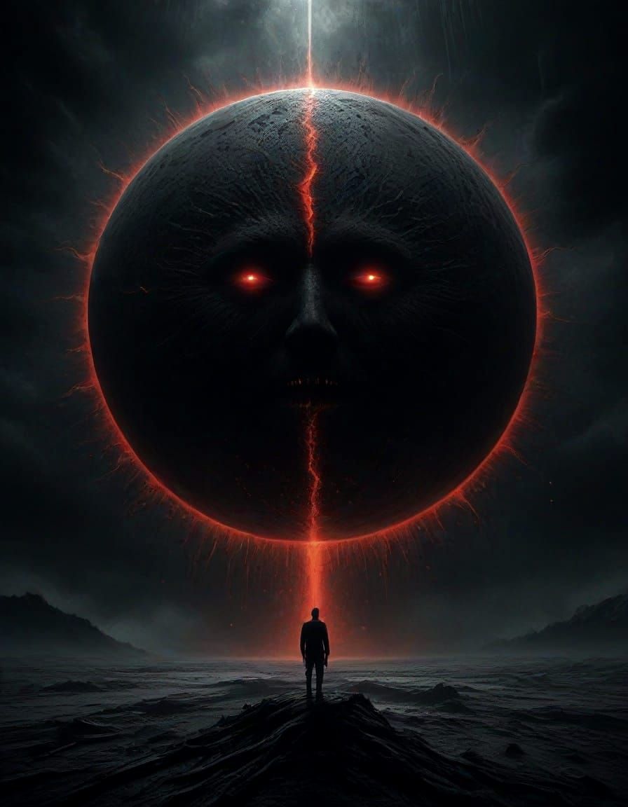 Giant Black Sun Eye Gazes Down on Falling Man