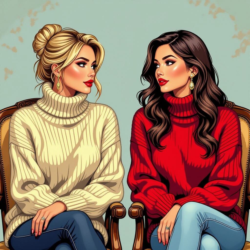 Two Women in Fuzzy Sweaters, Vintage Comic Style