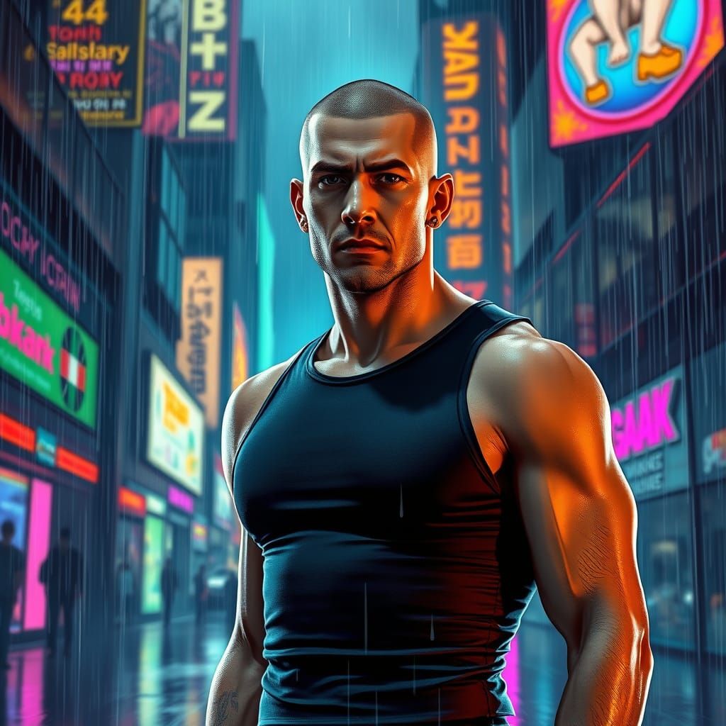 Cyberpunk Man in Rainy Cityscape