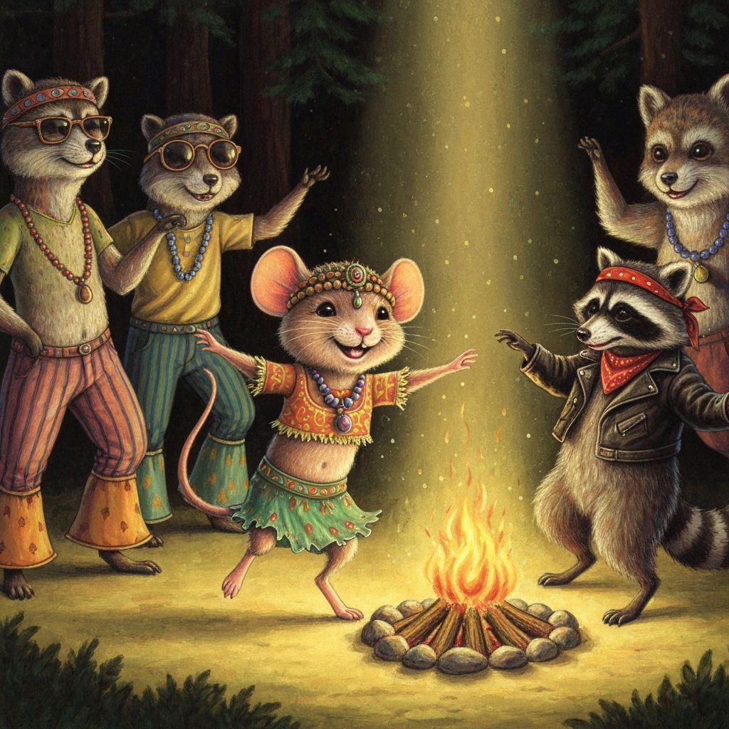Whimsical Hippy Mouse Dancing at Forest Animal Festival
