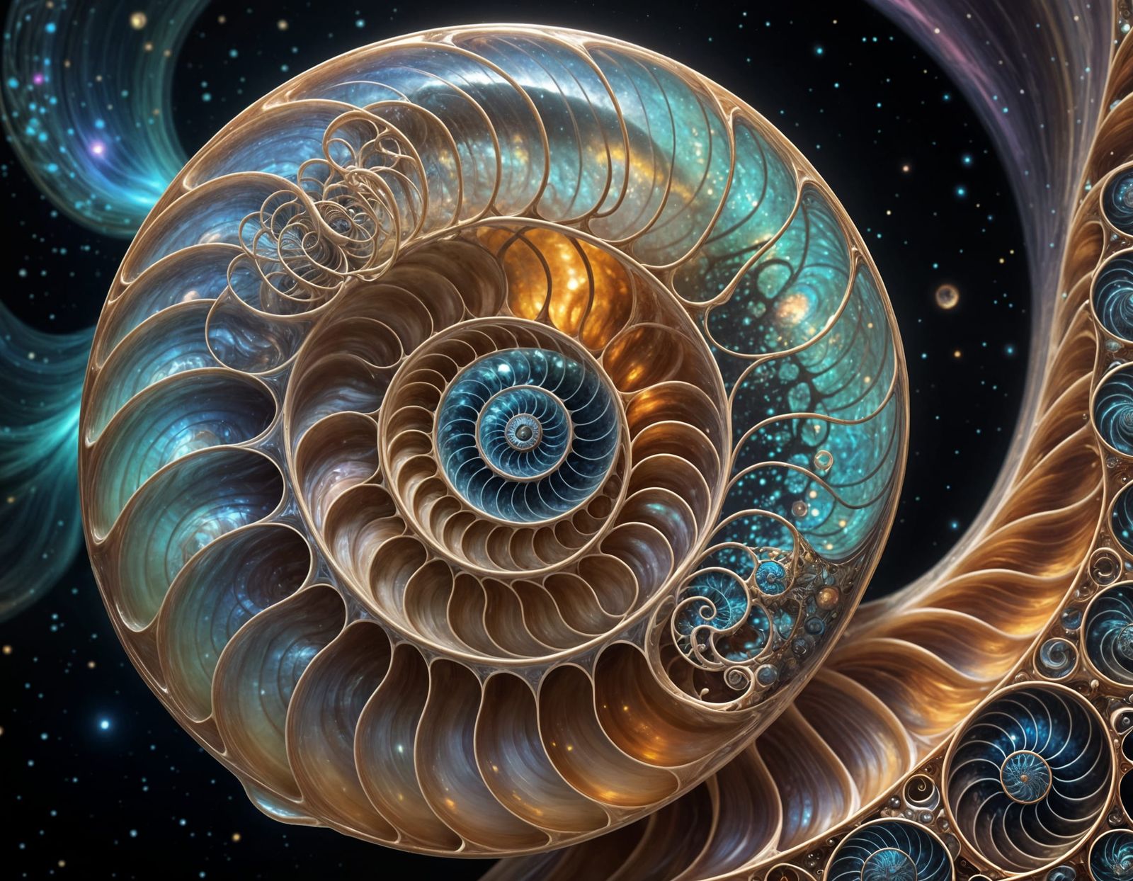 Fibonacci Spiral Nautilus in Cosmic Fractals