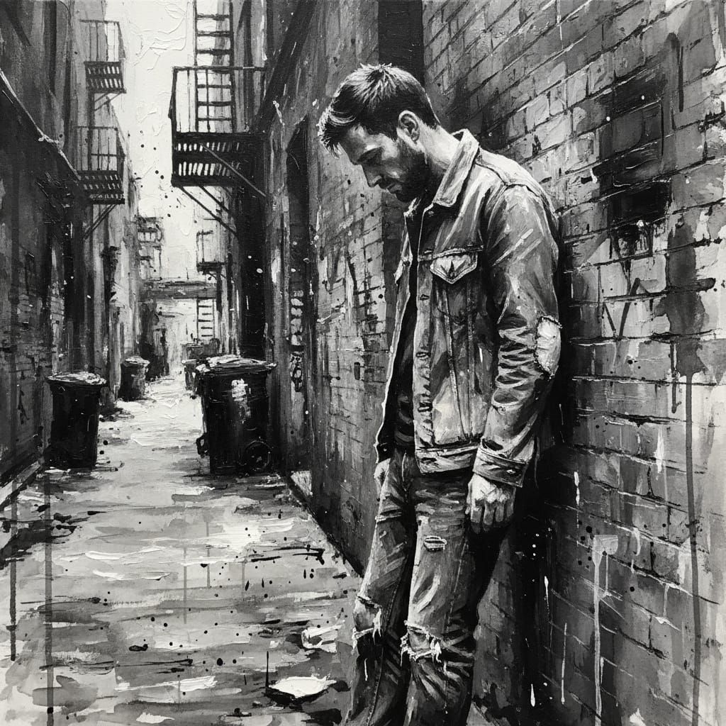 Lonely Man in Alley: Black and White Inksplash