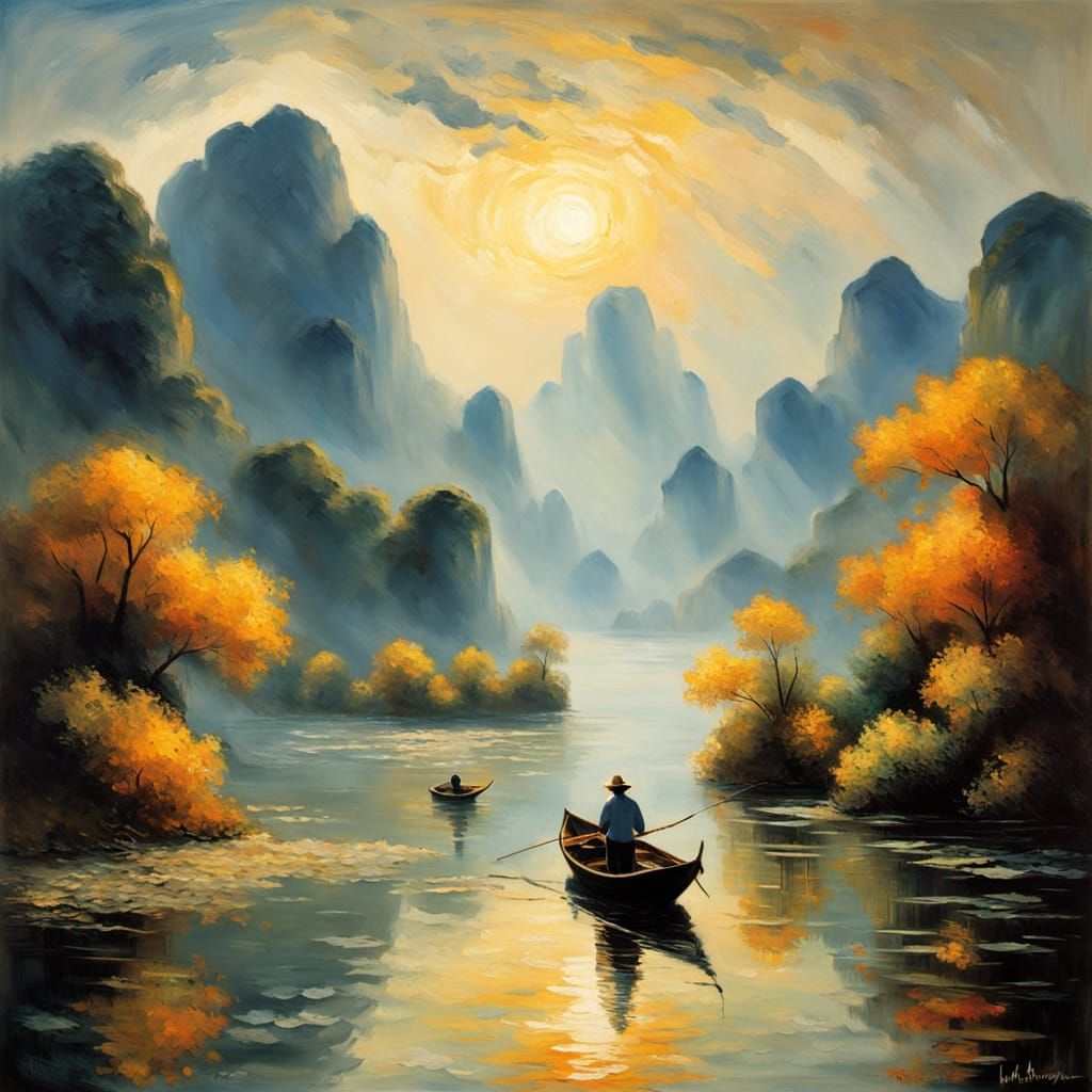 Expressive Sampan Boat Scene in Neo-Impressionist Style